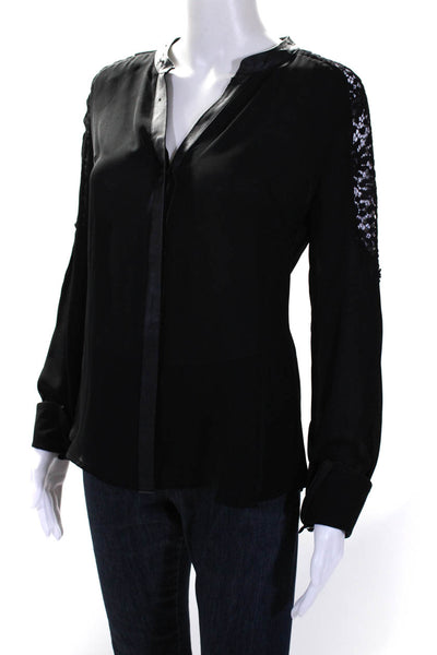 Madison Marcus Womens Button Front Lace Trim V Neck Silk Shirt Black Size Small