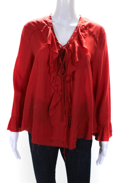 IRO Womens Long Sleeve Lace Up V Neck Ruffle Shirt Red Size FR 36