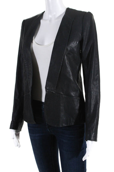 Theory Womens Solid Open Front Faux Leather Blazer Black Size 2