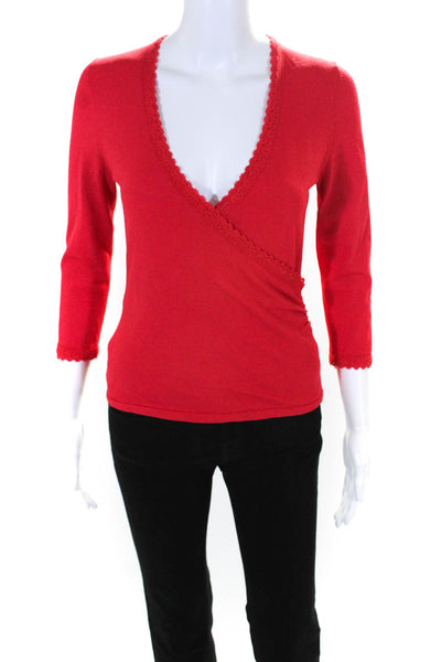 Alberto Makali Womens 3/4 Sleeve Lace Trim V Neck Knit Shirt Red Size Small