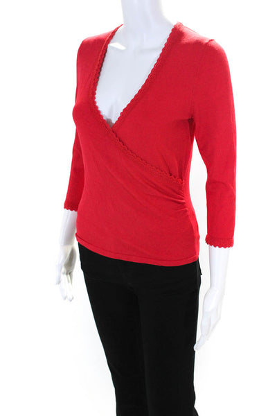 Alberto Makali Womens 3/4 Sleeve Lace Trim V Neck Knit Shirt Red Size Small