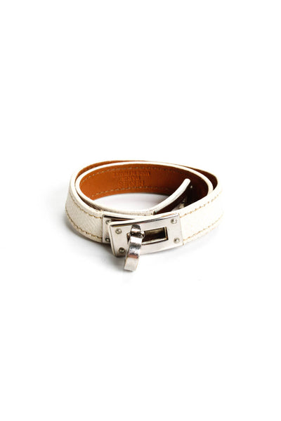 Hermes Womens Leather Gold Plated Kelly Double Tour Wrap White Bracelet