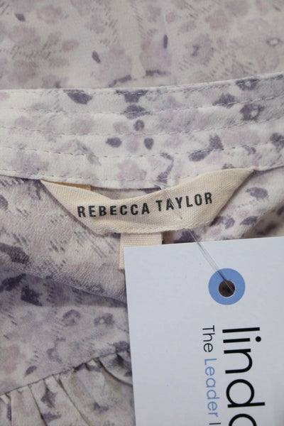 Rebecca Taylor Womens 3/4 Sleeve V Neck Floral Silk Shirt White Lavender Size 0