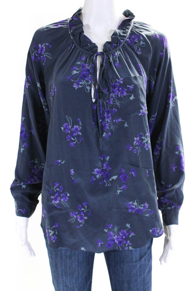Rebecca Taylor Womens Long Sleeve V Neck Floral Silk Shirt Gray Purple Size 0