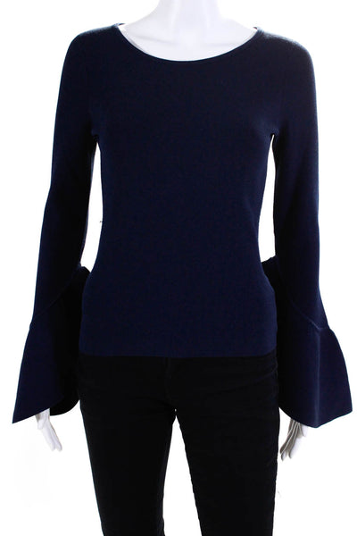 Milly Womens Asymmetrical Flounce Long Sleeve Round Neck Blouse Navy Size P