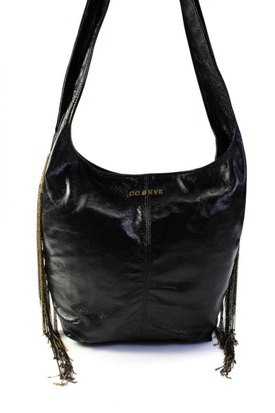 CC Skye Womens Button Top Gold Tone Chain Fringe Leather Crossbody Handbag Black