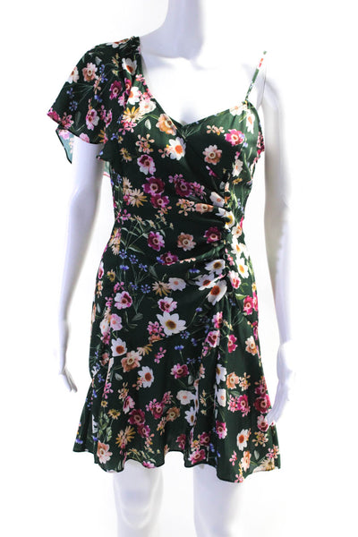 Parker Womens Floral Ruffled Darted One Shoulder Draped Dress Green Size 4
