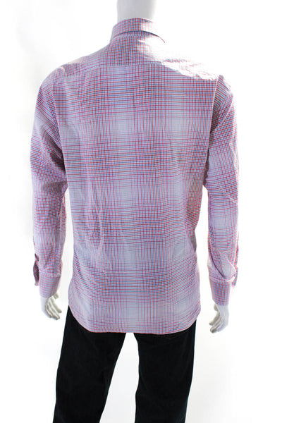 Etro Mens Faded Gingham Long Sleeve Button Up Dress Shirt Red Blue White Size 44