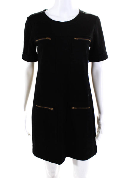 J Crew Womens Wool Knit Short Sleeve Zipper Pocket Shift Dress Black Size 2