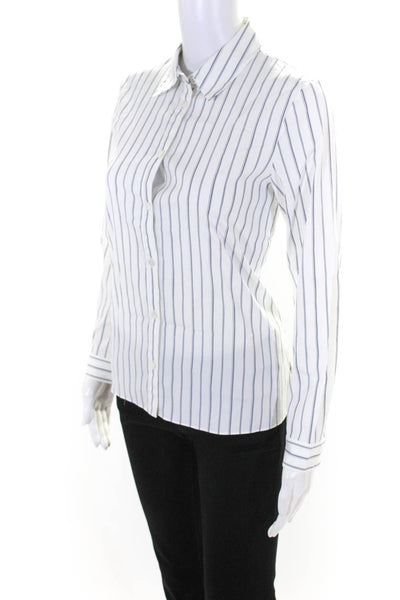 Theory Womens Cotton Striped Buttoned Collared Side Slit Top White Size P