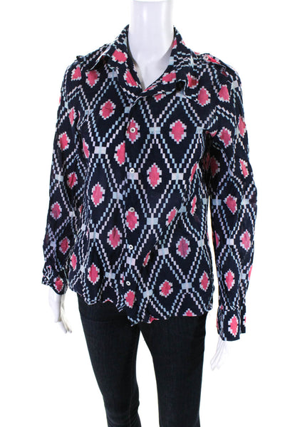 Tory Burch Womens Cotton Geometric Printed Collared Blouse Top Navy Size S