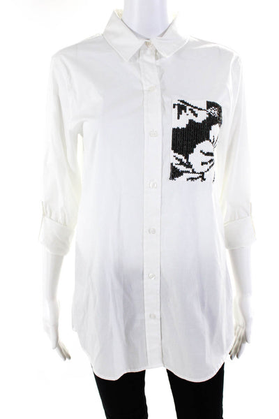 Michael Kors Women's Collared Button Down Sequin Pocket Blouse White Size S