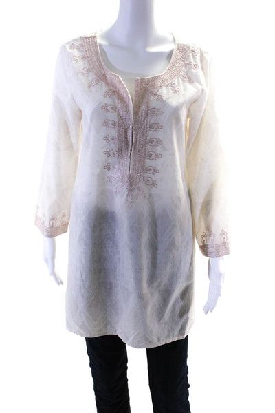 Calypso Womens Cotton Embroidered Textured Hook & Eye Tunic Dress Beige Size M