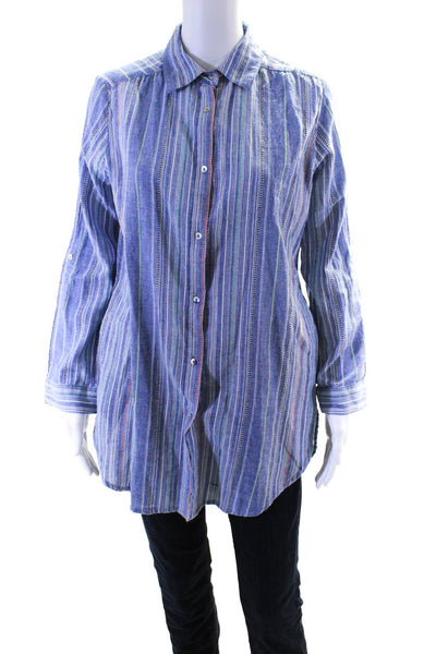La Blanca Womesn Cotton Striped Collared Buttoned Top Blue Size S