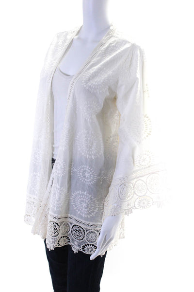 Calypso Womens Cotton Embroidered Open Front Cardigan White Size S