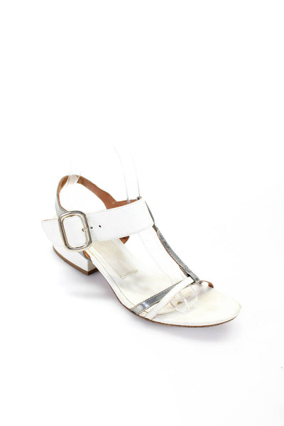 Lanvin Womens Block Heel Ankle Strap Sandals White Silver Tone Leather Size 37