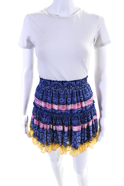 Misa Womens Elastic Waistband Abstract A Line Skirt Blue Pink Yellow Size Medium