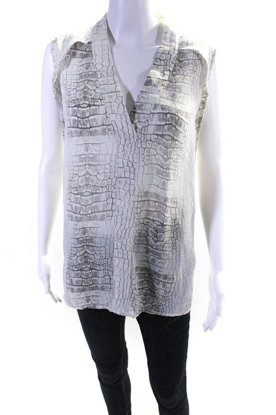 Cynthia Rowley Womens Chiffon Snakeskin Print V-Neck Sleeveless Top Gray Size L