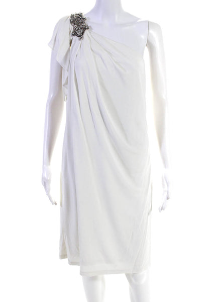 David Meister Womens Jeweled One Shoulder Short Sleeve Dress White Size 8