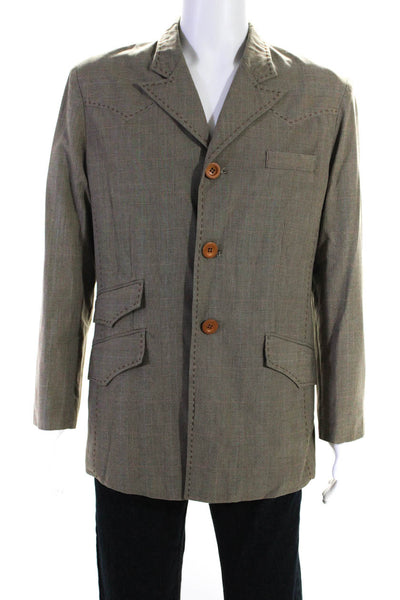 Greed Mens Houndstooth Plaid Faux Pocket Collared Stitch Coat Green Size Large