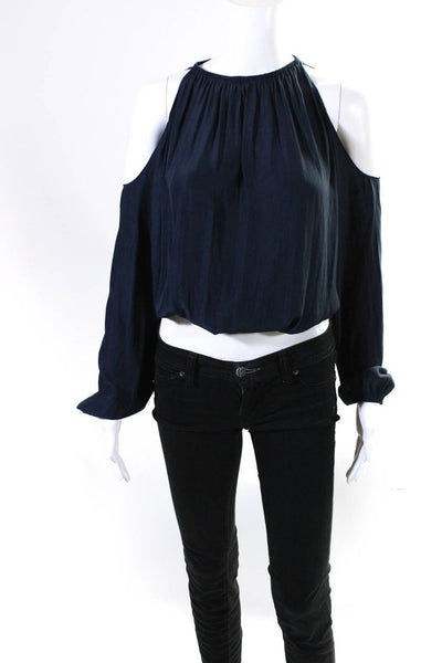 Ramy Brook Womens Smocked Waist Cold Shoulder Blouse Navy Blue Size Small