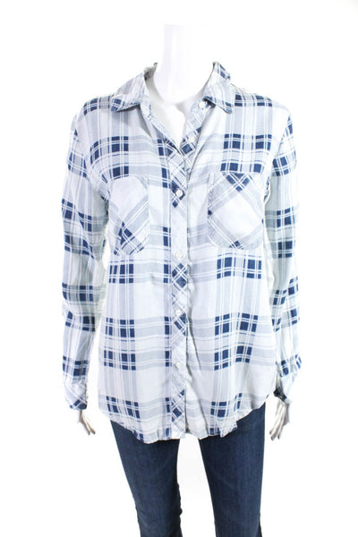 Rails Womens Button Front Collared Plaid Shirt White Blue Size Small