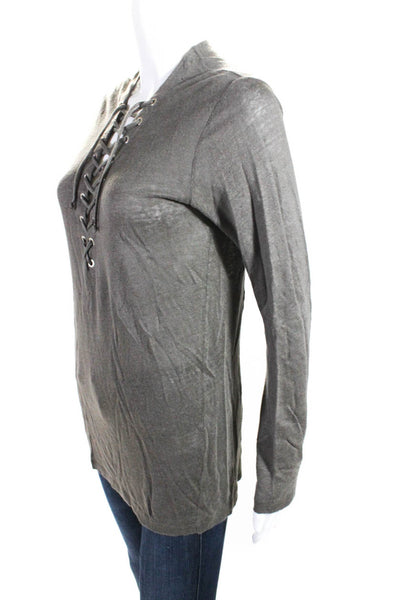 IRO Womens Long Sleeve Lace Up V Neck Tee Shirt Gray Linen Size Extra Small
