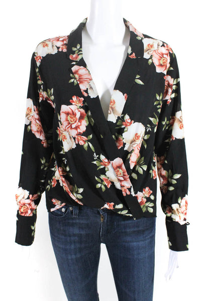 Likely Womens Long Sleeve V Neck Floral High Low Shirt Black Pink Size XS