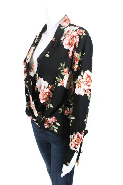 Likely Womens Long Sleeve V Neck Floral High Low Shirt Black Pink Size XS