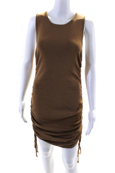 Lioness Womens Scoop Neck Ruched Ribbed Knit Mini Dress Brown Size Large