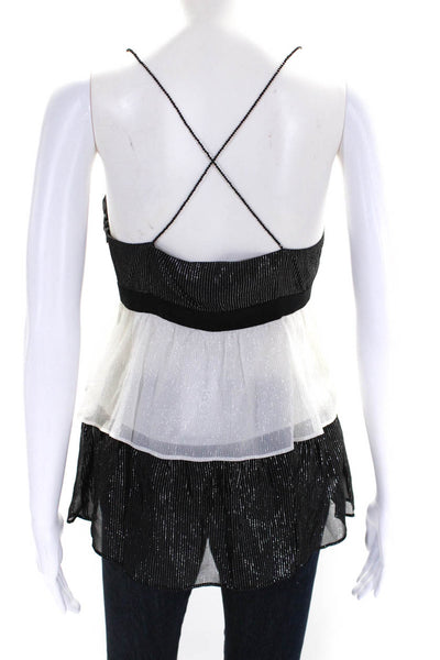 Julie Brown Womens Beaded Strap Metallic Pinstripe Top Black White Silk Size 2