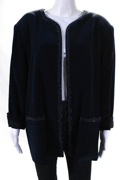Jovani Womens Open Front Beaded Trim Solid Silk Long Sleeve Blazer Blue Size 20