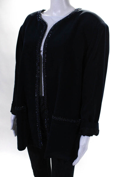 Jovani Womens Open Front Beaded Trim Solid Silk Long Sleeve Blazer Blue Size 20
