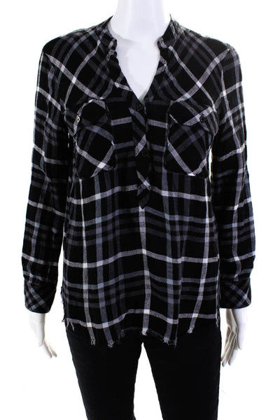 Rails Womens Raw Hem Flannel Plaid Button Up Shirt Blouse Black Gray Size XS