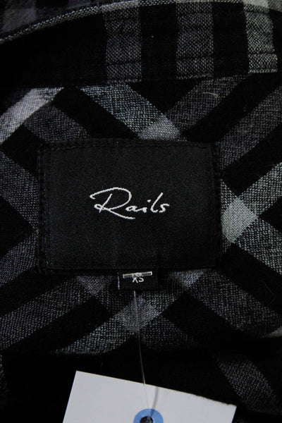 Rails Womens Raw Hem Flannel Plaid Button Up Shirt Blouse Black Gray Size XS