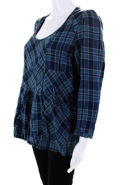 Etoile Isabel Marant Womens 3/4 Sleeve Scoop Neck Plaid Peplum Shirt Blue Size 2