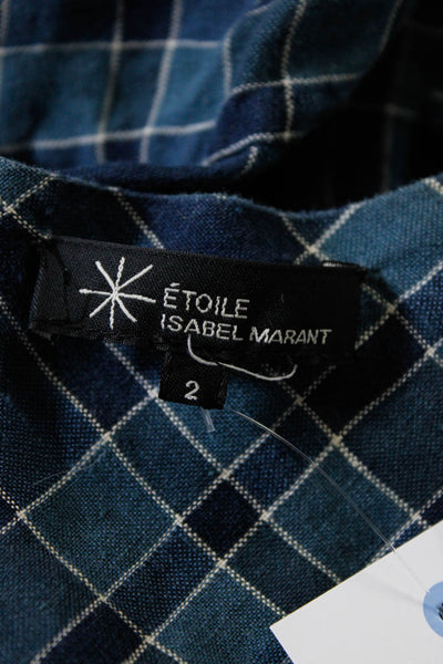 Etoile Isabel Marant Womens 3/4 Sleeve Scoop Neck Plaid Peplum Shirt Blue Size 2
