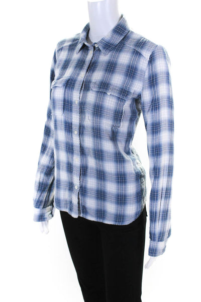 Paige Womens Plaid Button Down Flannel Gingham Lined Shirt Blue Grey Size S
