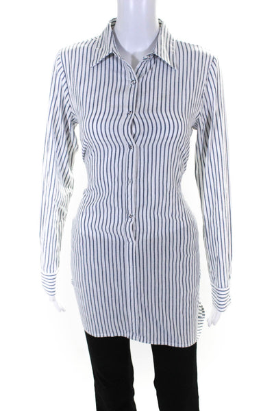 L'Academie Womens Vertical Striped Wrap Button Down Shirt Blue White Size XS