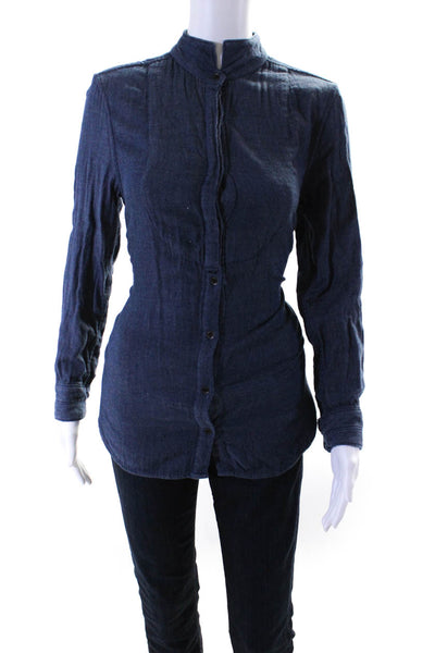 Rag & Bone/Shirt Womens Button Front Collarless Shirt Blue Cotton Size Small
