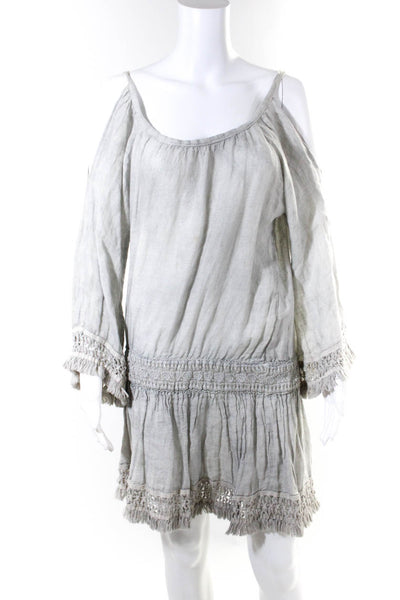 T.U. Sunday Women's Linen Cold Shoulder Tassel Cover Up Mini Dress Gray Size