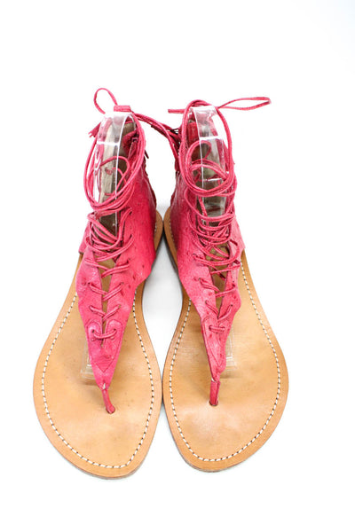 Sunday Saint Tropez Women's Leather Zip Lace Up Flat Sandals Pink Size 38