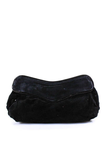 Lauren Merkin Womens Suede Patent Leather Trim Fold Closure Clutch Black Handbag
