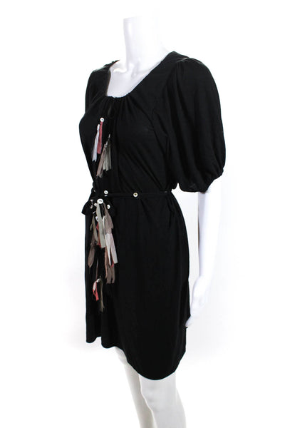 Carolina K Womens Solid Cuff Sleeve Belted Tassle Shirt Dress Black Size Medium