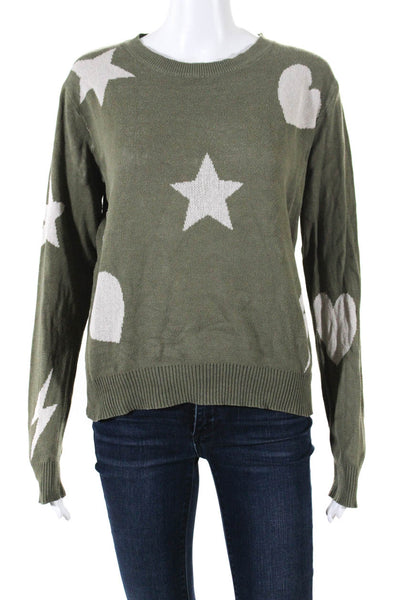 Fate. Womens Heart Star Crew Neck Pullover Sweater Green Cotton Size Small