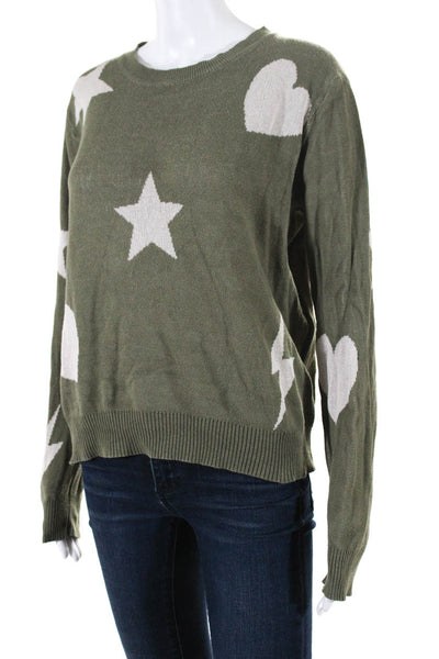 Fate. Womens Heart Star Crew Neck Pullover Sweater Green Cotton Size Small