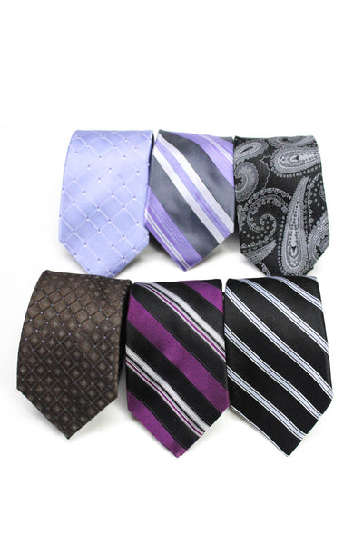 DKNY Mens Silk Geometric Striped Paisley Printed Ties Brown Purple Black Lot 6