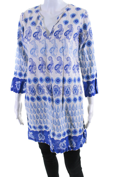 Gretchen Scott Womens 3/4 Sleeve V Neck Paisley Shirt White Blue Size Medium