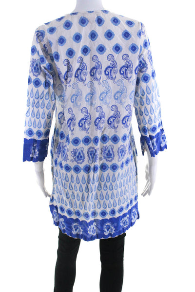 Gretchen Scott Womens 3/4 Sleeve V Neck Paisley Shirt White Blue Size Medium