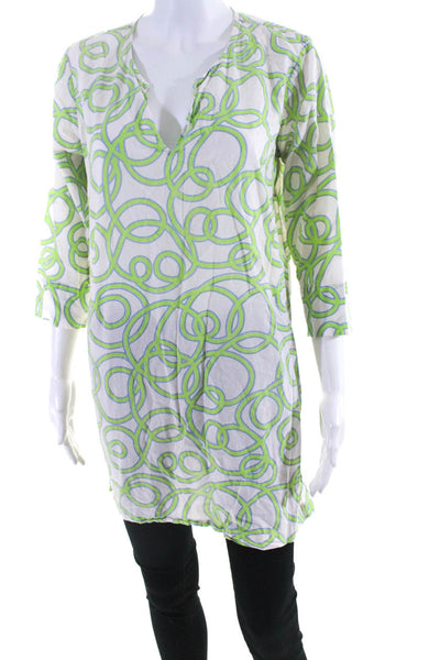 Gretchen Scott Womens 3/4 Sleeve V Neck Abstract Tunic Shirt White Green Small